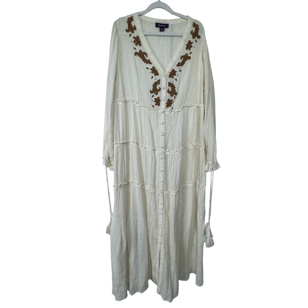 Roamans Long Sleeve Cream Beaded Gauzy Tiered Maxi Dress Size 12W